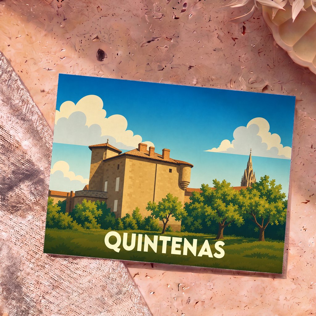 Carte postale souvenir de la ville de Quintenas illustrant son château et son église dans un style graphique épuré.