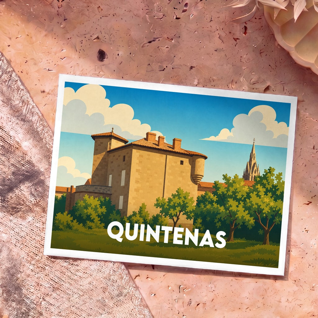 Carte postale souvenir de la ville de Quintenas illustrant son château et son église dans un style graphique épuré.