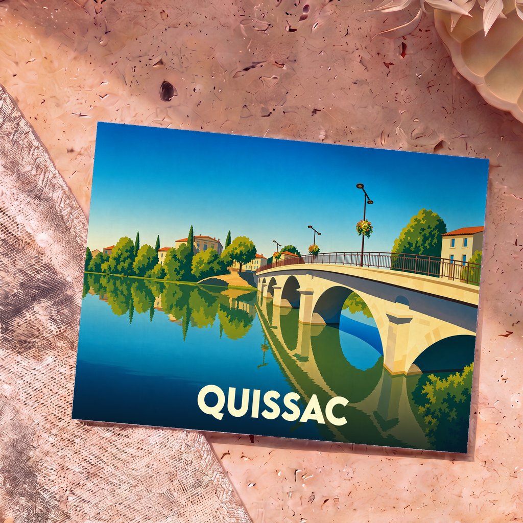Carte postale souvenir de la ville de Quissac présentant une illustration stylisée d'un pont en pierre se reflétant dans l'eau.