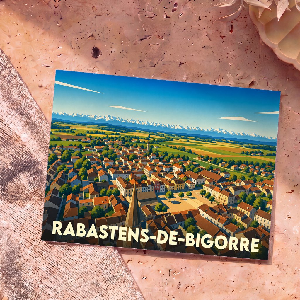 Carte postale souvenir de la ville de Rabastens-de-Bigorre avec une illustration panoramique stylisée.