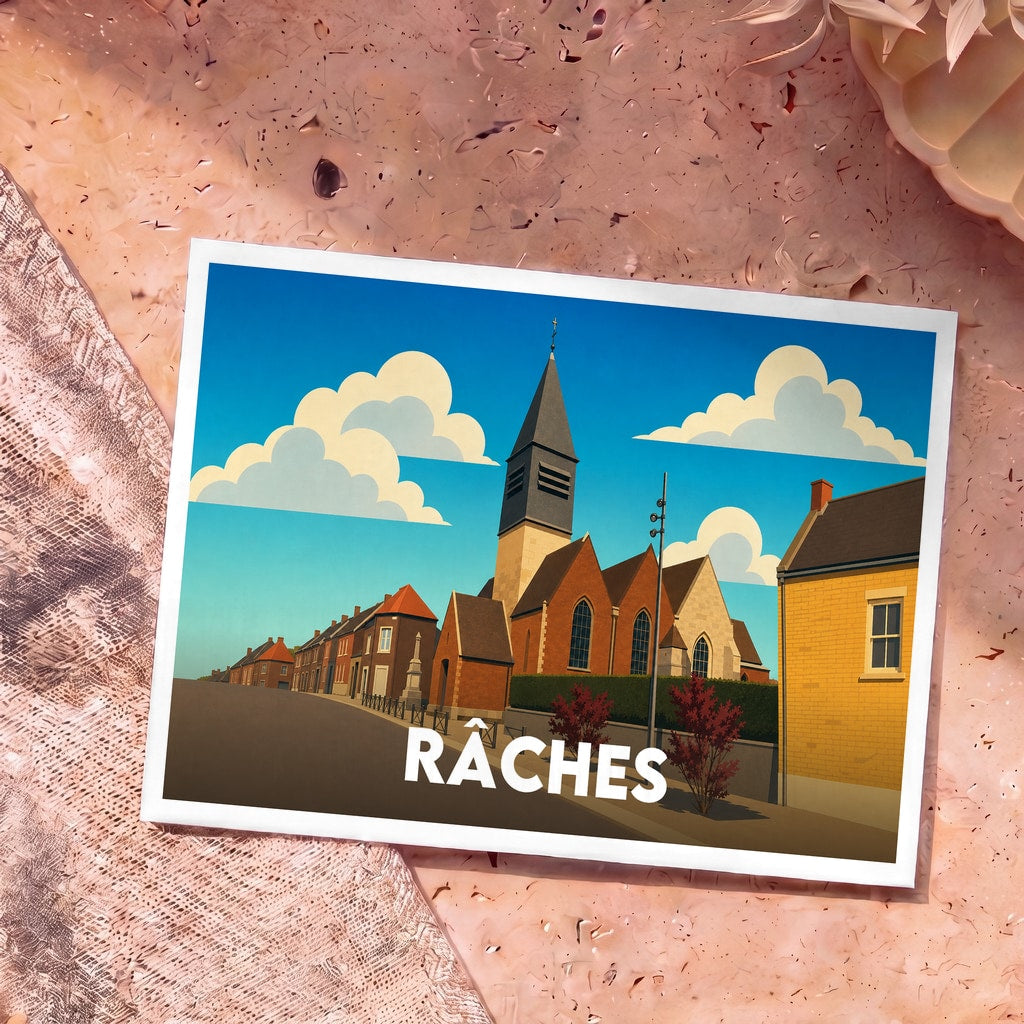 Carte postale souvenir de la ville de Râches avec une illustration stylisée de son église et de ses maisons.