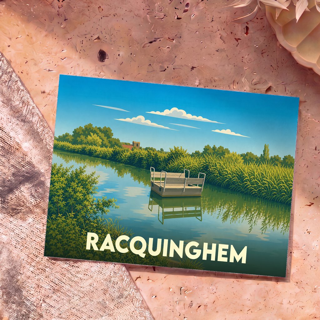 Carte postale souvenir de la ville de Racquinghem avec une illustration stylisée d'un bac sur l'eau.