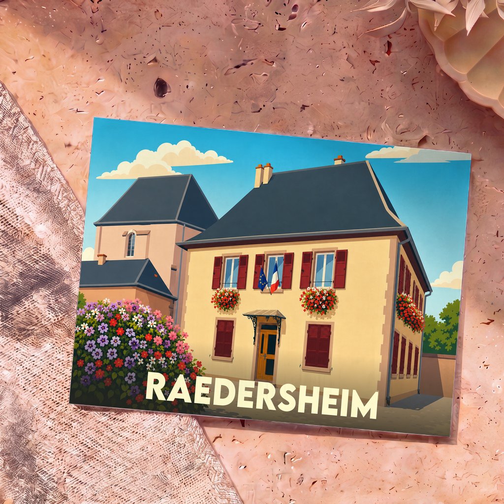 Carte postale souvenir de la ville de Raedersheim avec une illustration stylisée de sa mairie fleurie.