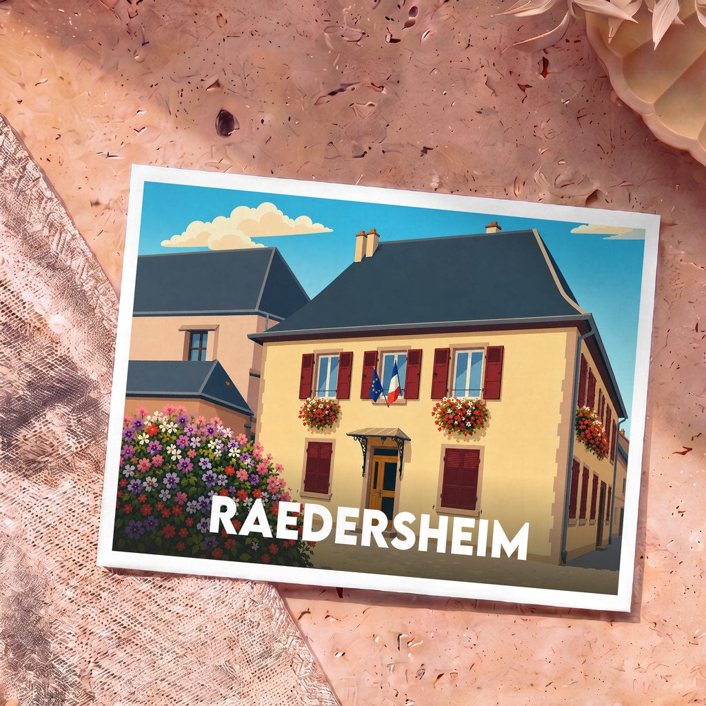 Carte postale souvenir de la ville de Raedersheim avec une illustration stylisée de sa mairie fleurie.