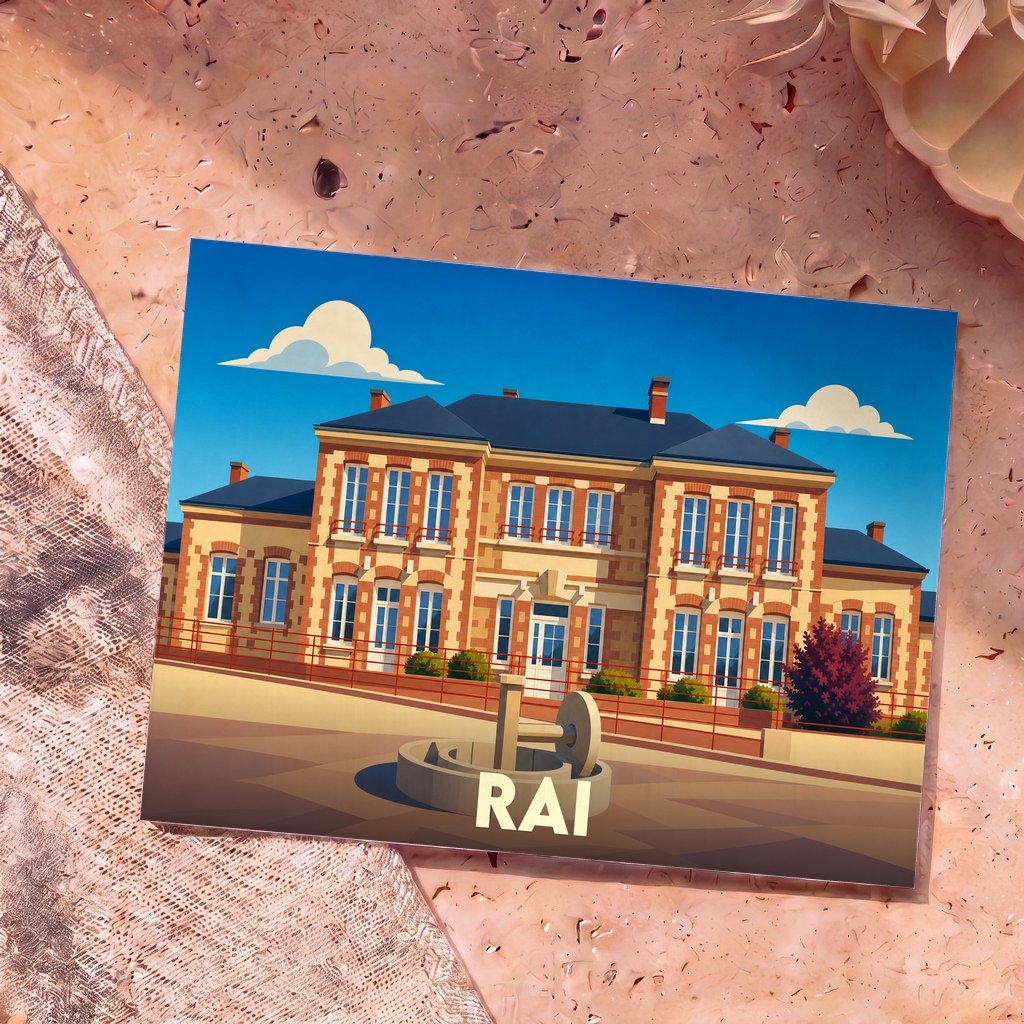 Carte postale souvenir de la ville de Rai avec une illustration stylisée de sa mairie.