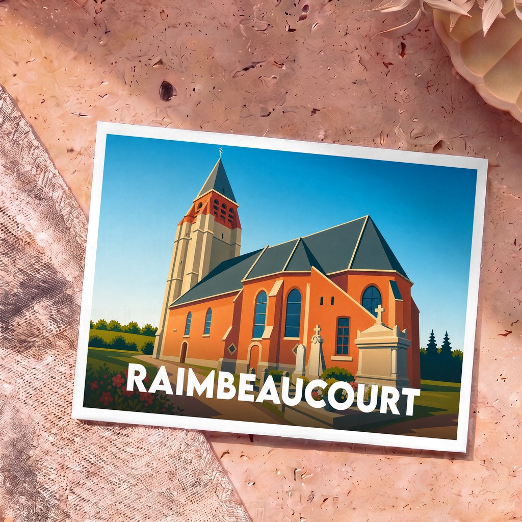 Carte postale souvenir de la ville de Raimbeaucourt avec une illustration stylisée de son église.