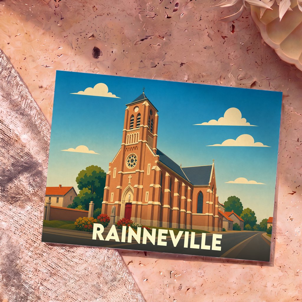 Carte postale souvenir de la ville de Rainneville avec une illustration stylisée de son église en briques.