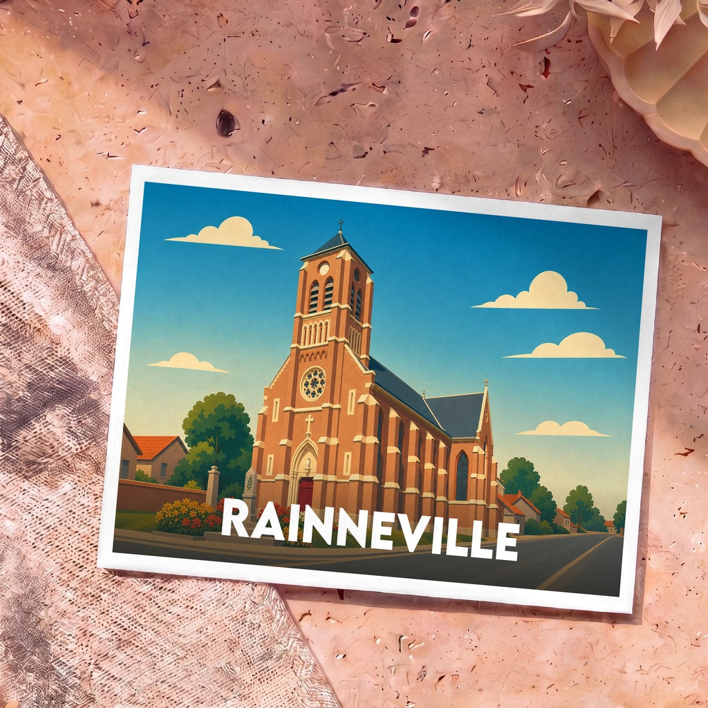 Carte postale souvenir de la ville de Rainneville avec une illustration stylisée de son église en briques.