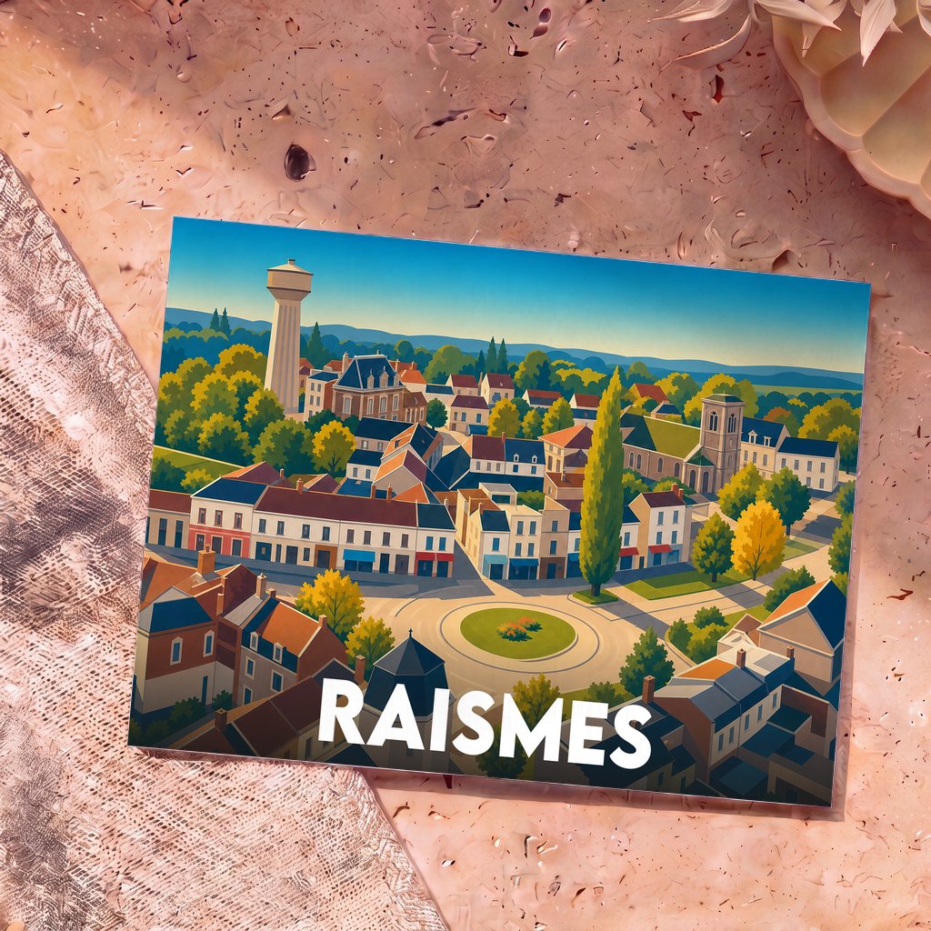 Carte postale souvenir de la ville de Raismes avec une illustration stylisée et colorée.