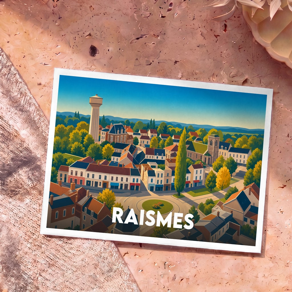 Carte postale souvenir de la ville de Raismes avec une illustration stylisée et colorée.