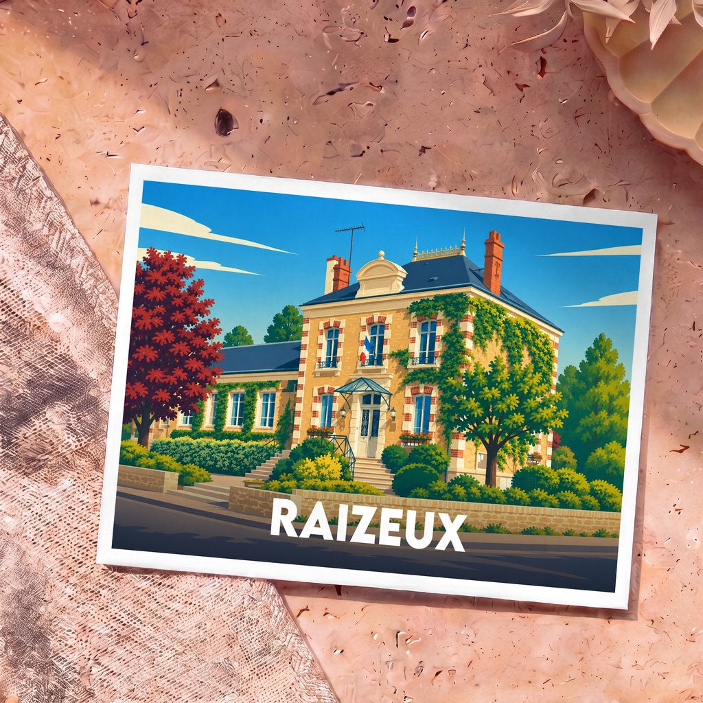 Carte postale souvenir de la ville de Raizeux avec une illustration stylisée de sa mairie.