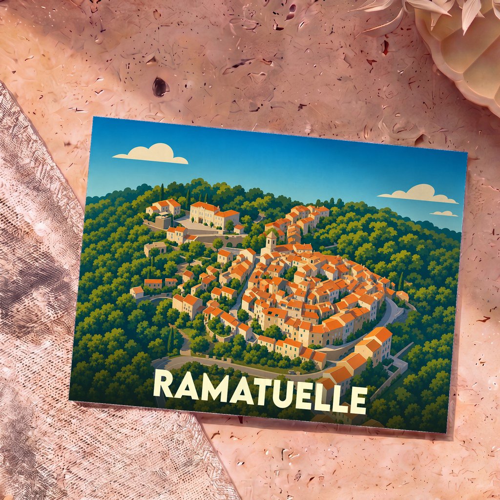 Carte postale souvenir de la ville de Ramatuelle avec une illustration stylisée du village perché.