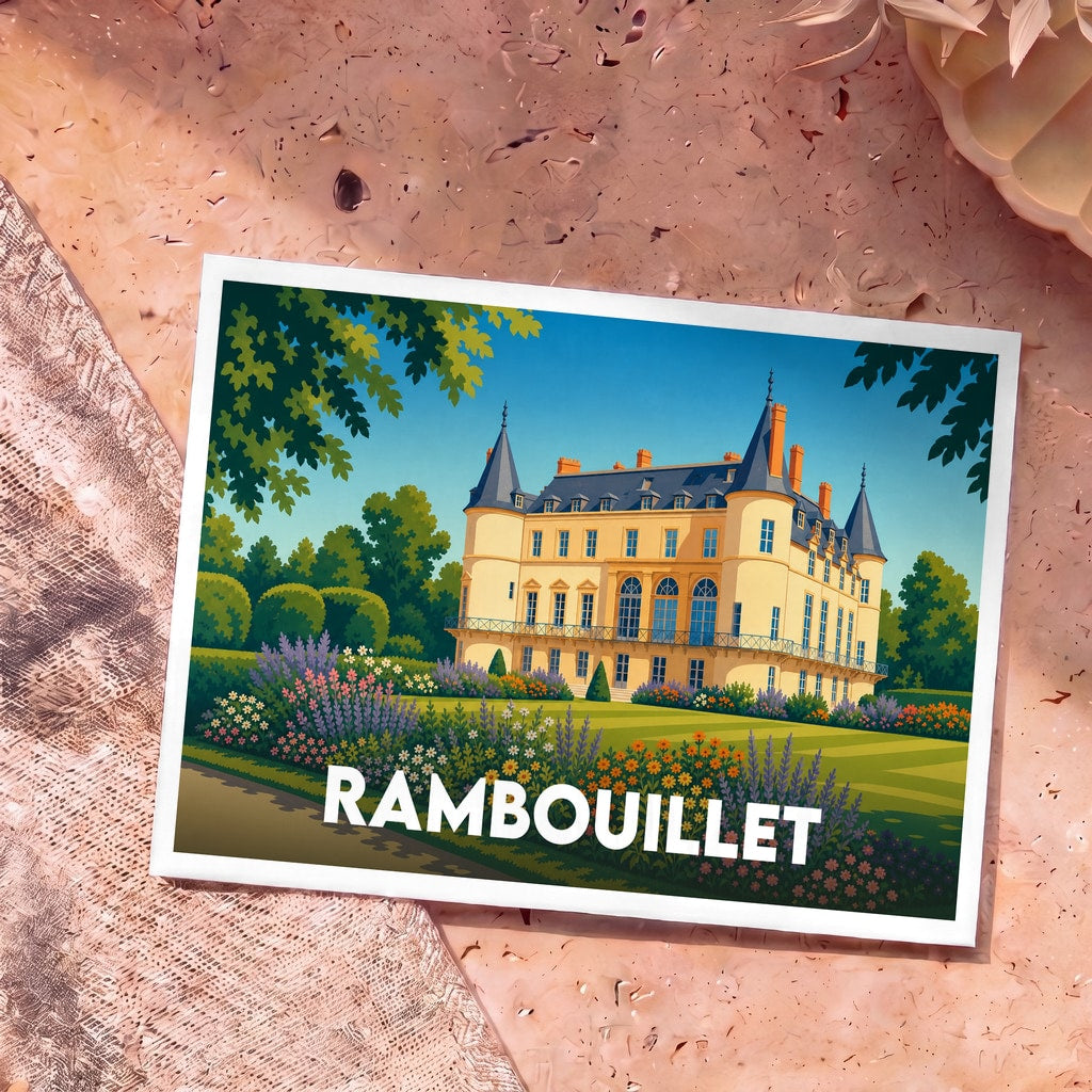 Carte postale souvenir de la ville de Rambouillet illustrant son château et ses jardins fleuris dans un style graphique épuré.