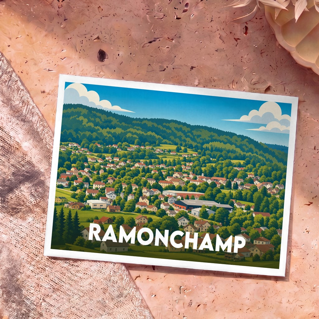 Carte postale souvenir de la ville de Ramonchamp avec une illustration stylisée de son paysage vallonné.