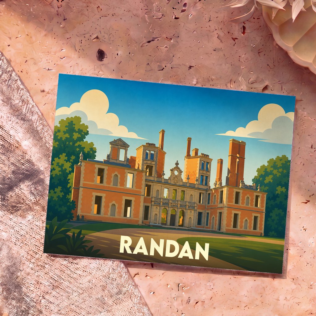 Carte postale souvenir de la ville de Randan représentant son château dans un style graphique épuré.