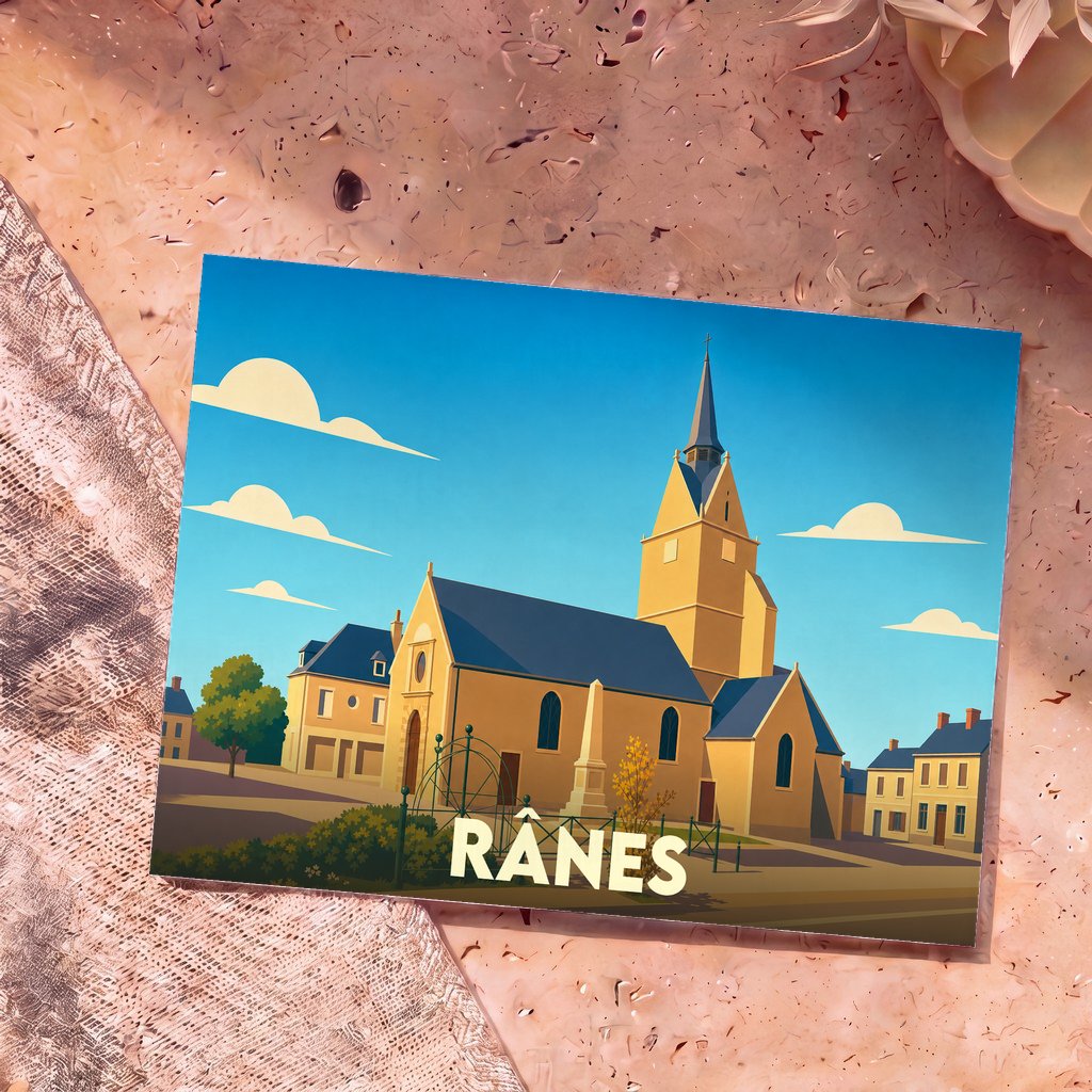 Carte postale souvenir de la ville de Rânes avec une illustration stylisée de son église sous un ciel bleu.