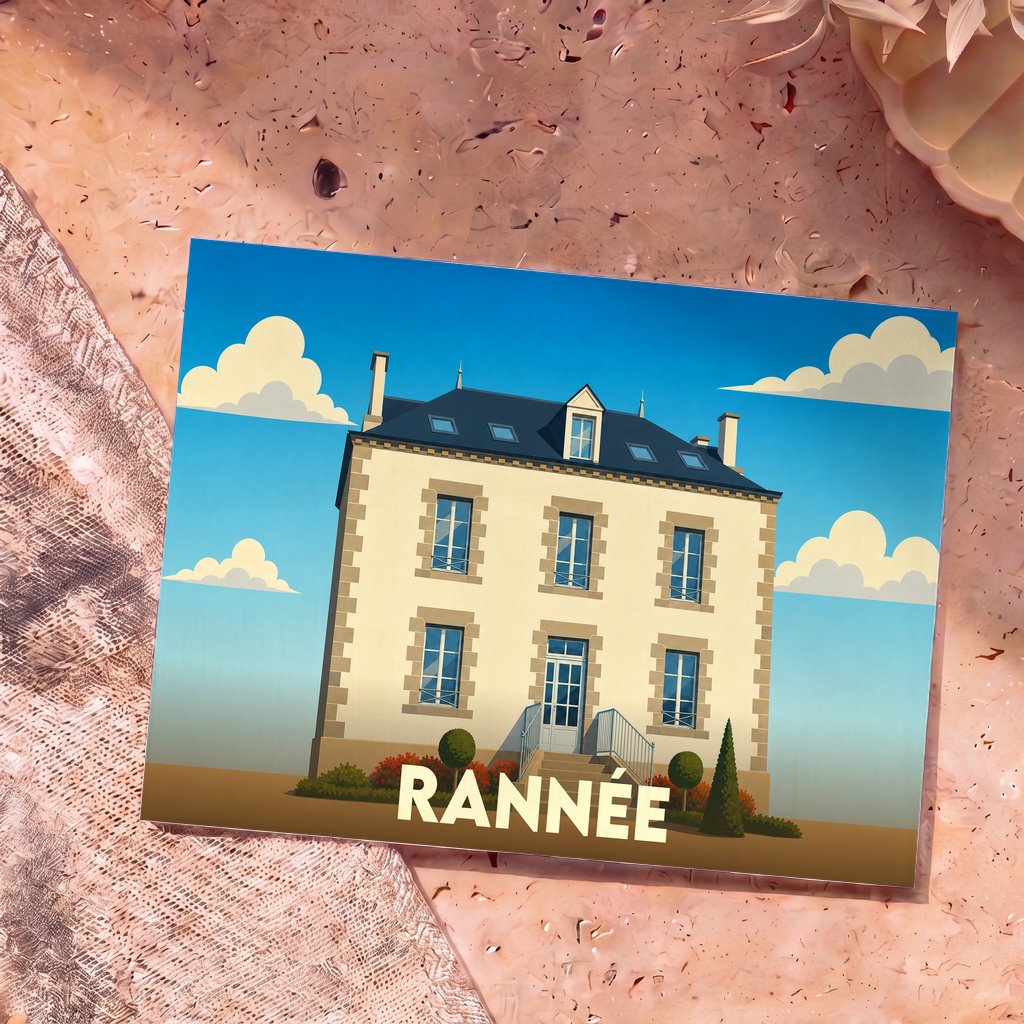 Carte postale souvenir de la ville de Rannée avec l'illustration stylisée d'une maison bourgeoise traditionnelle.