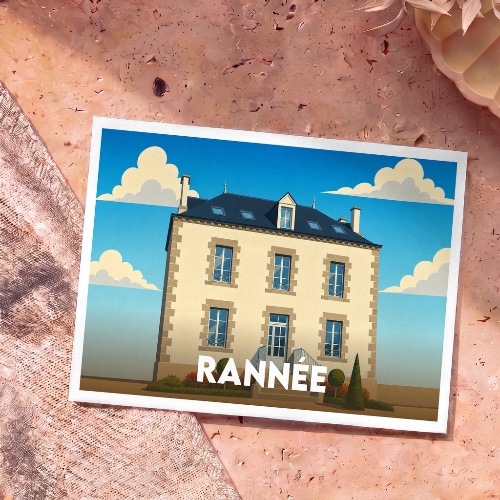 Carte postale souvenir de la ville de Rannée avec l'illustration stylisée d'une maison bourgeoise traditionnelle.