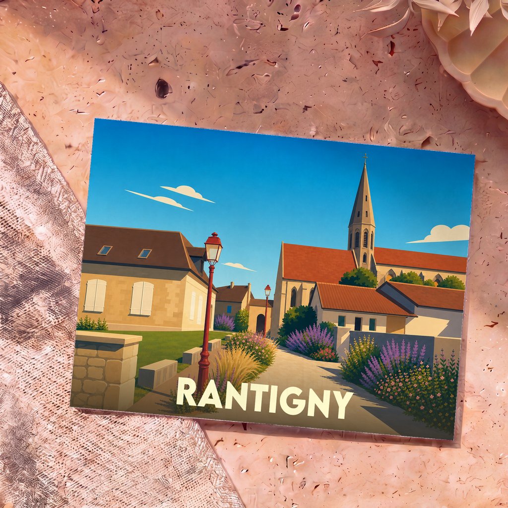 Carte postale souvenir de la ville de Rantigny avec une illustration stylisée et colorée.