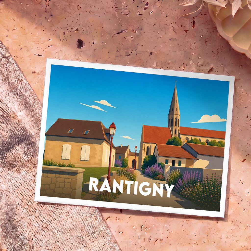 Carte postale souvenir de la ville de Rantigny avec une illustration stylisée et colorée.