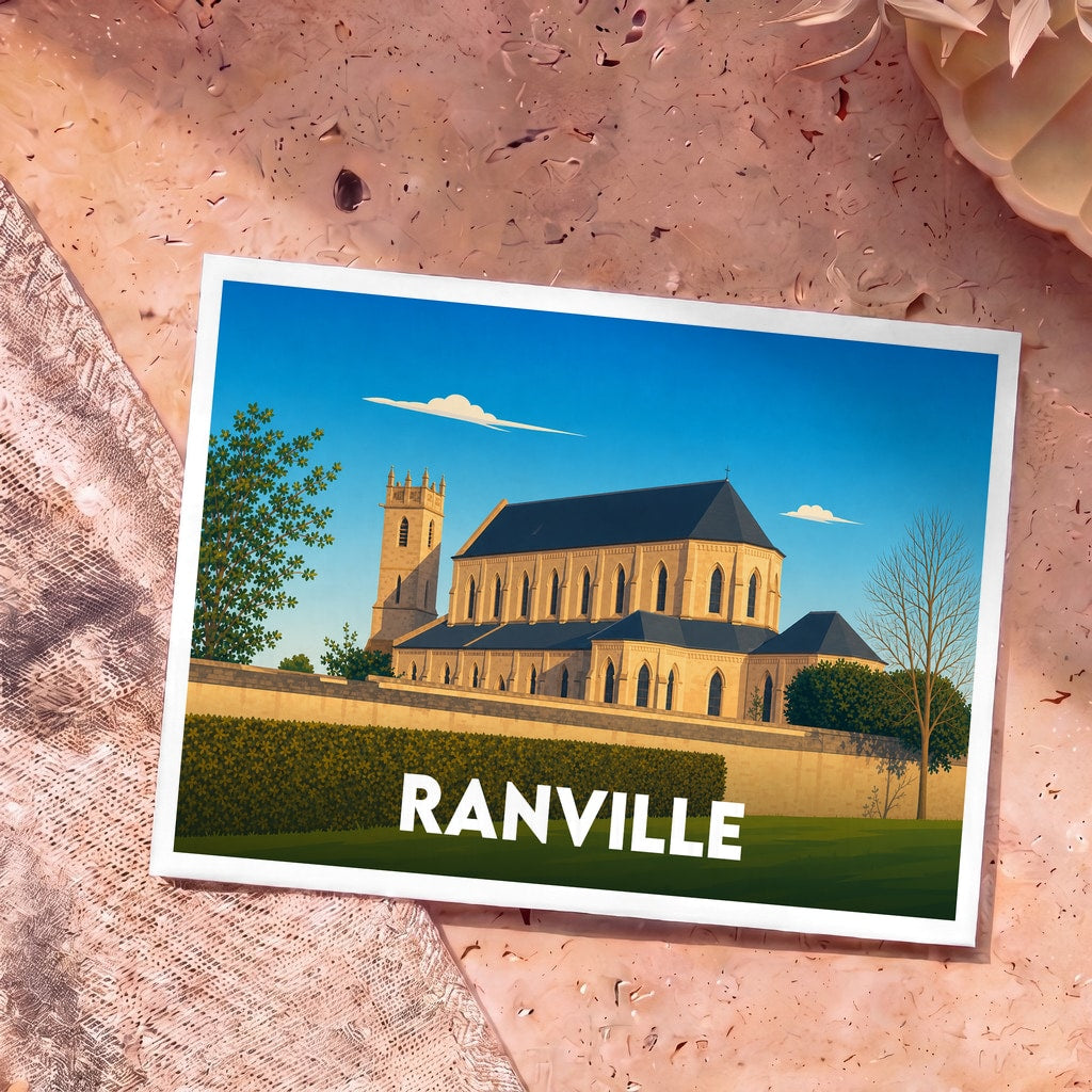 Carte postale souvenir de la ville de Ranville illustrant son église dans un style graphique épuré.