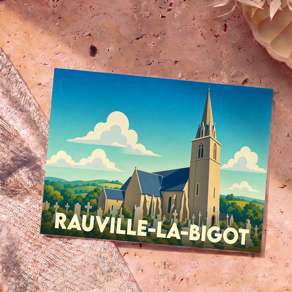 Carte postale souvenir de la ville de Rauville-la-Bigot illustrant son église et son cimetière dans un style graphique épuré.