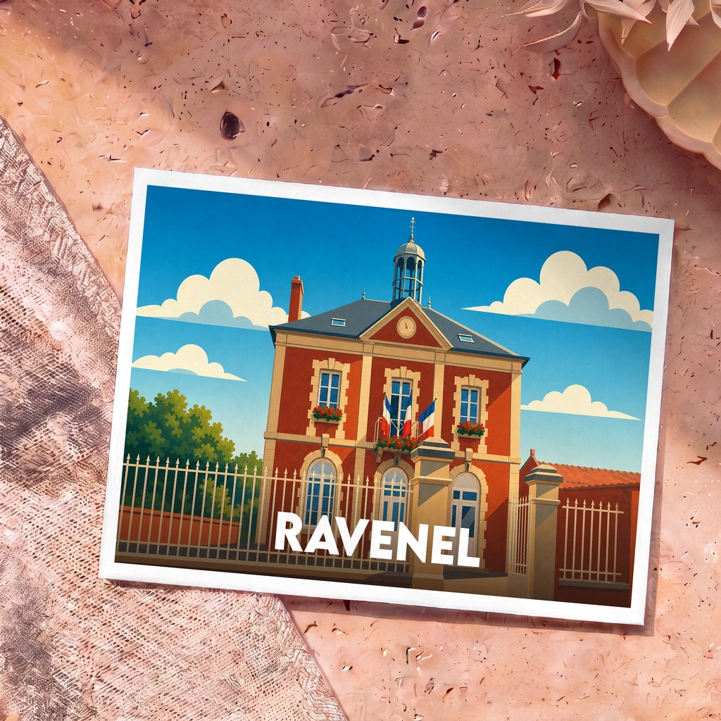 Carte postale souvenir de la ville de Ravenel avec une illustration stylisée de son hôtel de ville.