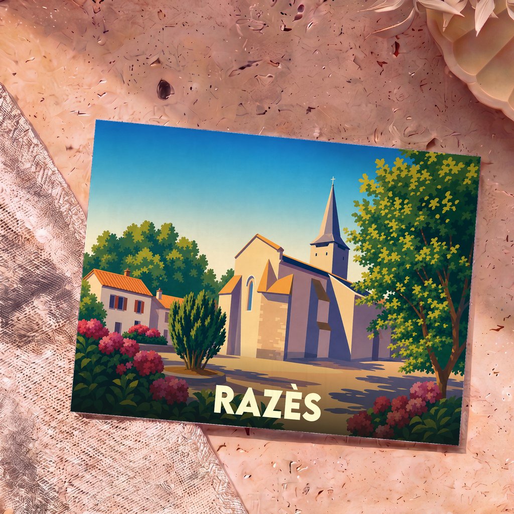 Carte postale souvenir de la ville de Razès avec une illustration stylisée de son église et de ses maisons fleuries.