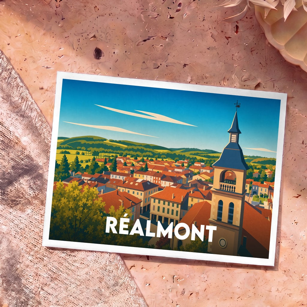 Carte postale souvenir de la ville de Réalmont arborant une illustration stylisée de son église et de ses toits.