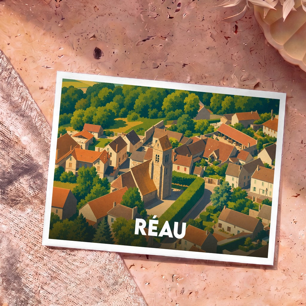 Carte postale souvenir de la commune de Réau avec une illustration stylisée vue du ciel.