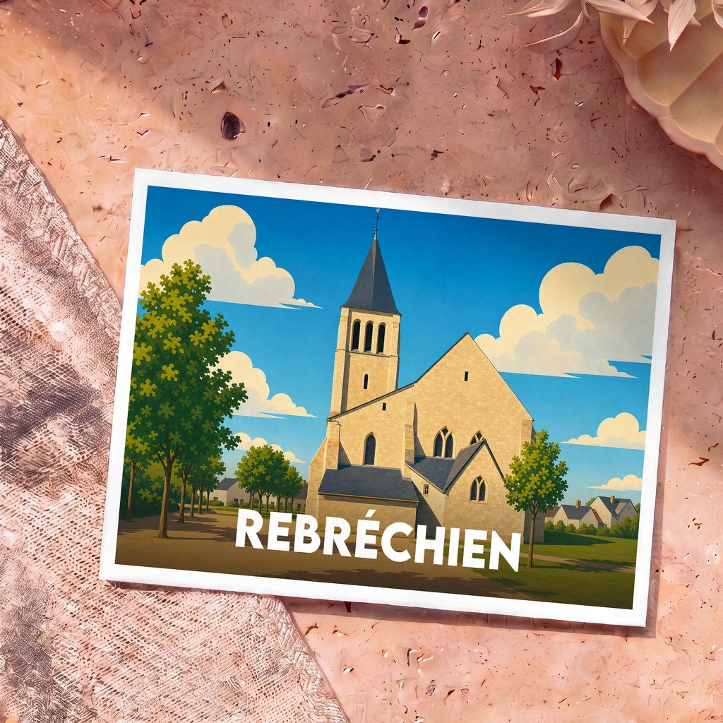 Carte postale souvenir de la ville de Rebréchien arborant une illustration stylisée de son église sous un ciel nuageux.