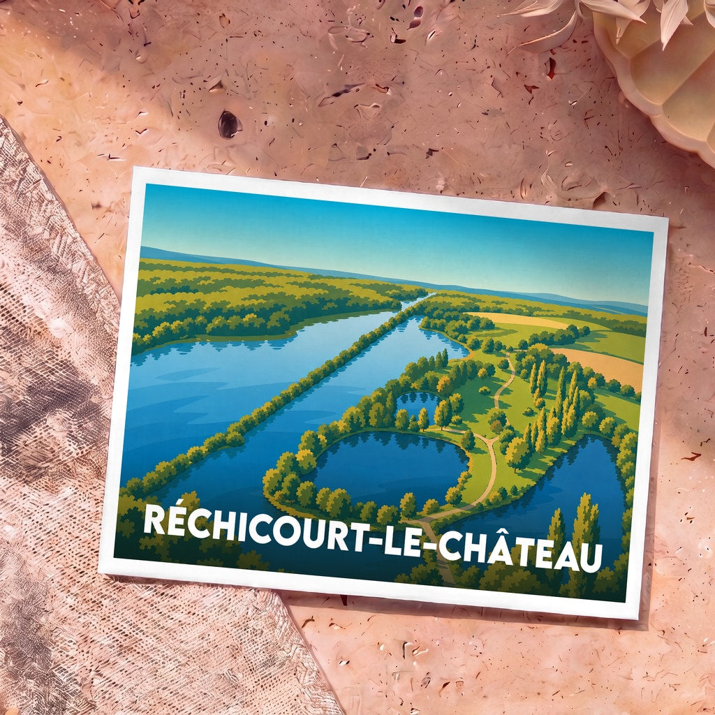 Carte postale souvenir de la ville de Réchicourt-le-Château avec une illustration stylisée de son paysage aquatique et verdoyant.