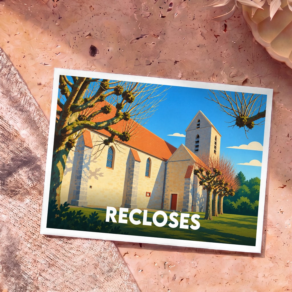 Carte postale souvenir de la ville de Recloses illustrant son église avec un style graphique épuré et coloré.