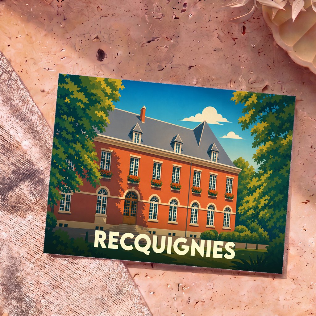 Carte postale souvenir de la ville de Recquignies illustrant un bâtiment historique dans un style graphique épuré.