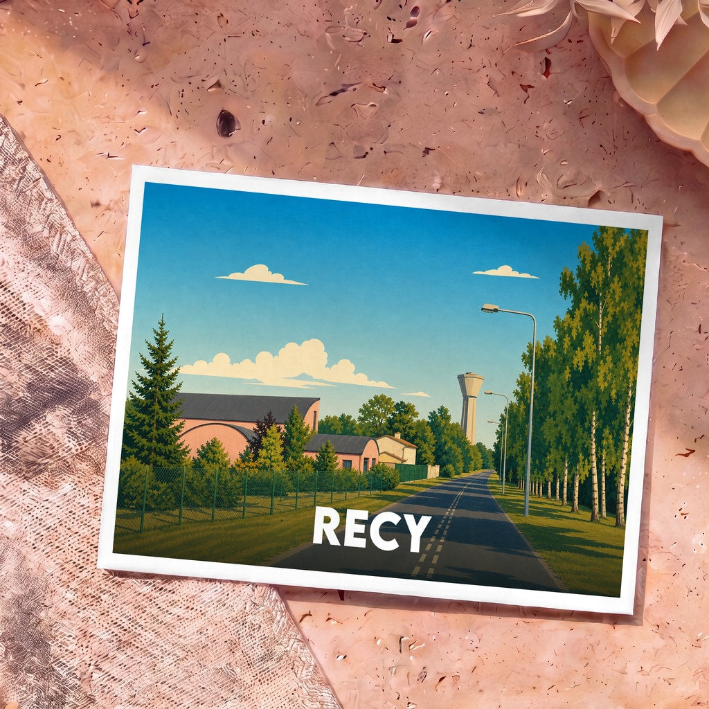 Carte postale souvenir de la ville de Recy avec une illustration stylisée d'un paysage urbain paisible sous un ciel bleu.