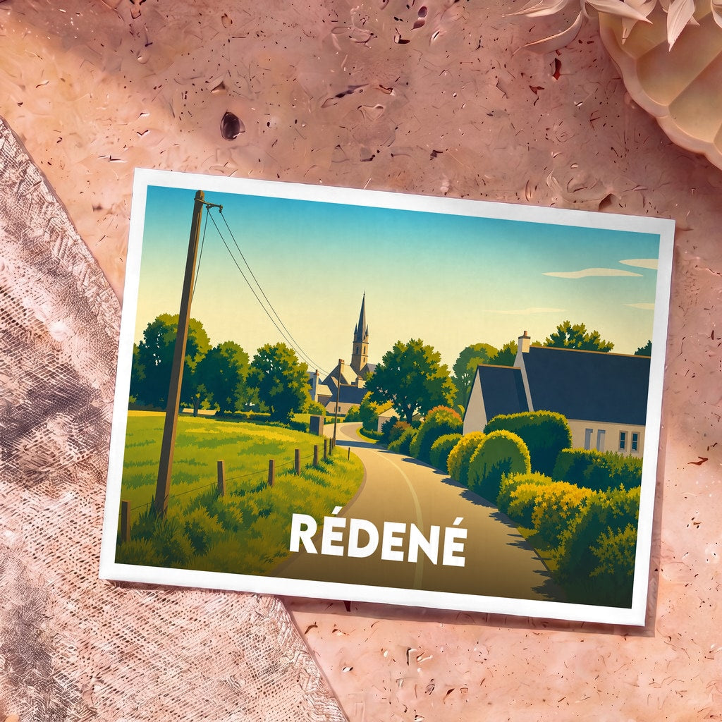 Carte postale souvenir de la ville de Rédené arborant une illustration stylisée d'un paysage champêtre.