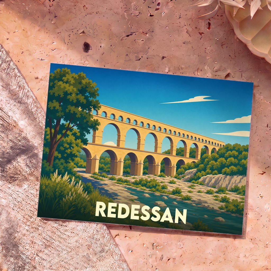 Carte postale souvenir de la ville de Redessan illustrant le Pont du Gard dans un style rétro.