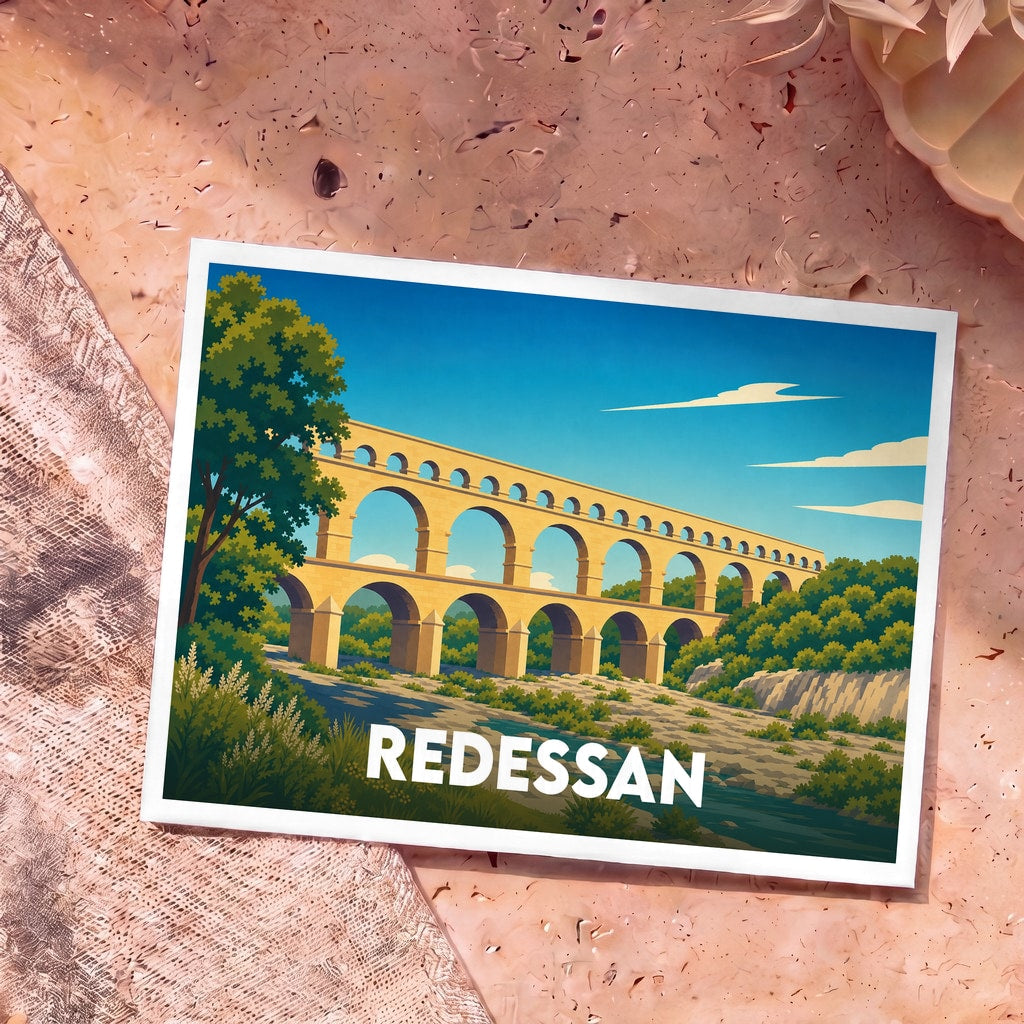 Carte postale souvenir de la ville de Redessan illustrant le Pont du Gard dans un style graphique épuré.