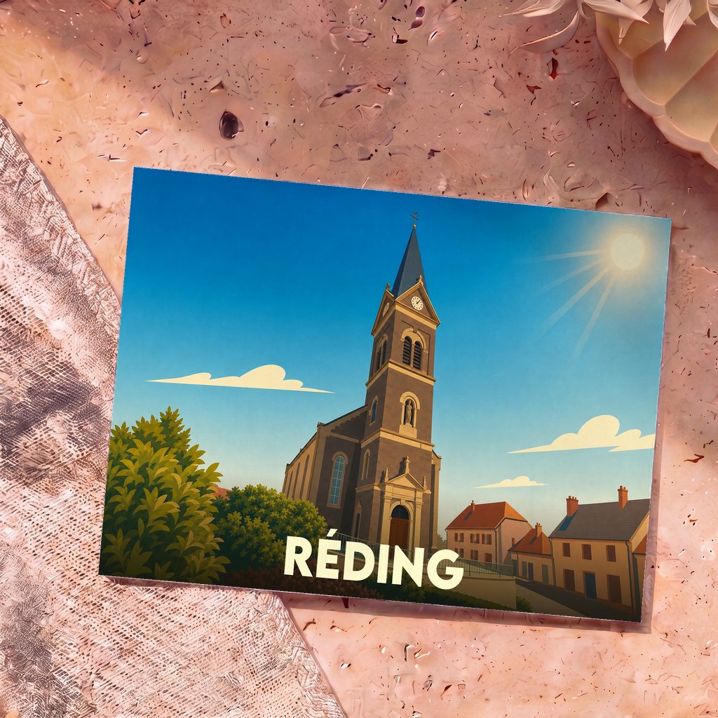 Carte postale souvenir de la ville de Réding présentant une illustration stylisée de son église sous un ciel ensoleillé.