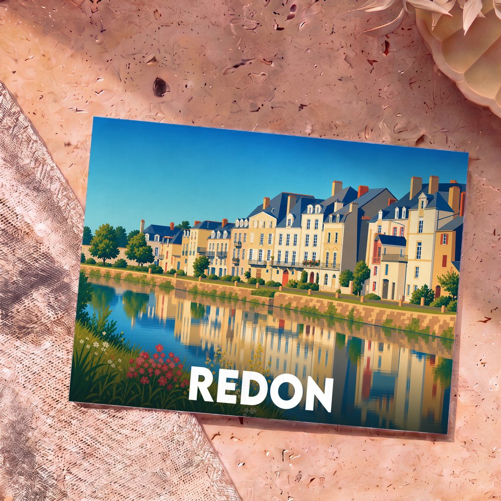 Carte postale souvenir de la ville de Redon avec une illustration stylisée de ses façades colorées se reflétant dans l'eau.