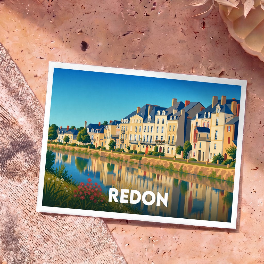 Carte postale souvenir de la ville de Redon avec une illustration stylisée de ses façades colorées se reflétant dans l'eau.