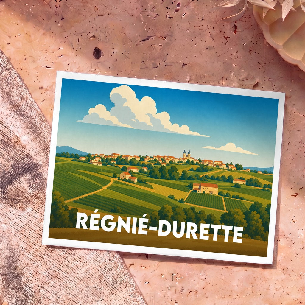 Carte postale souvenir de la ville de Régnié-Durette avec une illustration stylisée de son paysage vallonné et de ses vignobles.