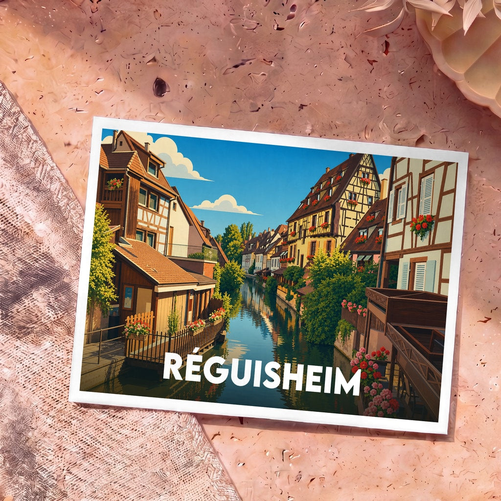 Carte postale souvenir de la ville de Réguisheim illustrant des maisons à colombages au bord de l'eau.