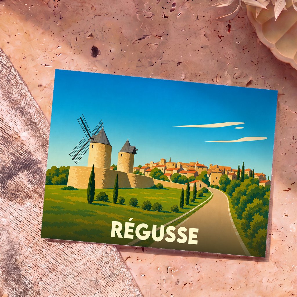 Carte postale souvenir de la ville de Régusse avec une illustration stylisée de ses moulins à vent.