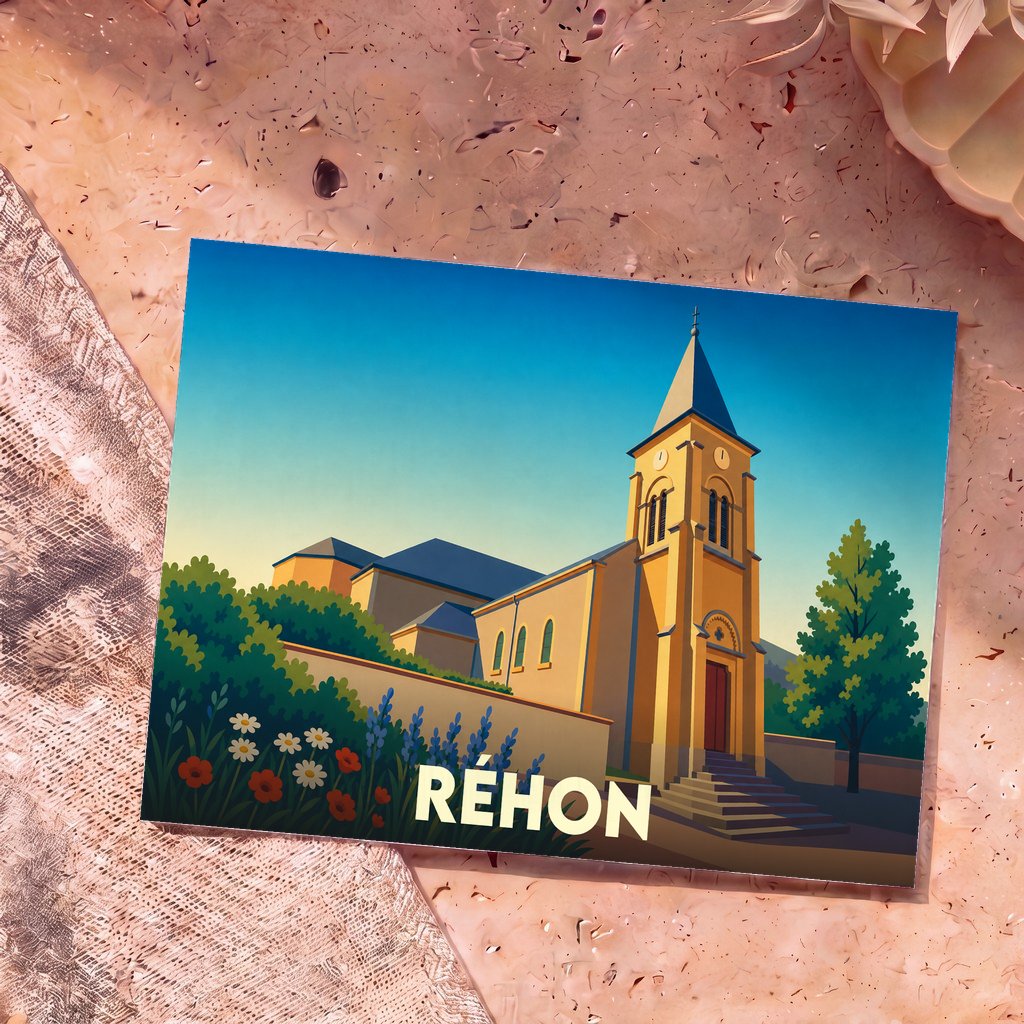 Carte postale souvenir de la ville de Réhon avec une illustration stylisée de son église.
