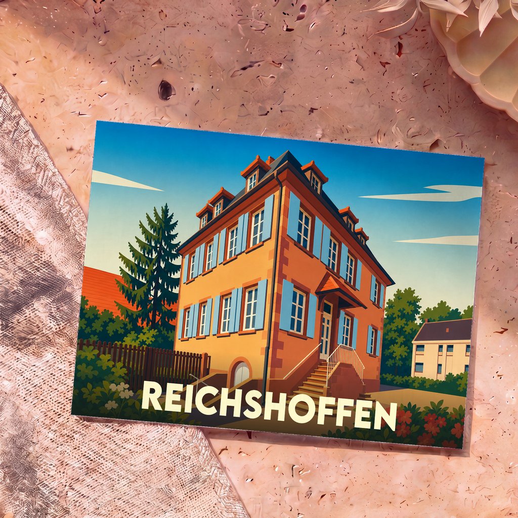 Carte postale souvenir de la ville de Reichshoffen avec une illustration stylisée d'une maison alsacienne.