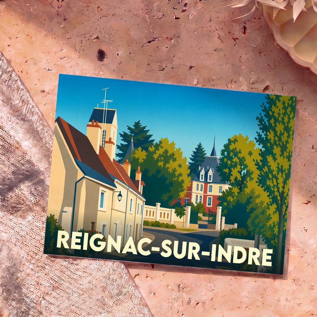 Carte postale souvenir de la ville de Reignac-sur-Indre avec une illustration stylisée et colorée.
