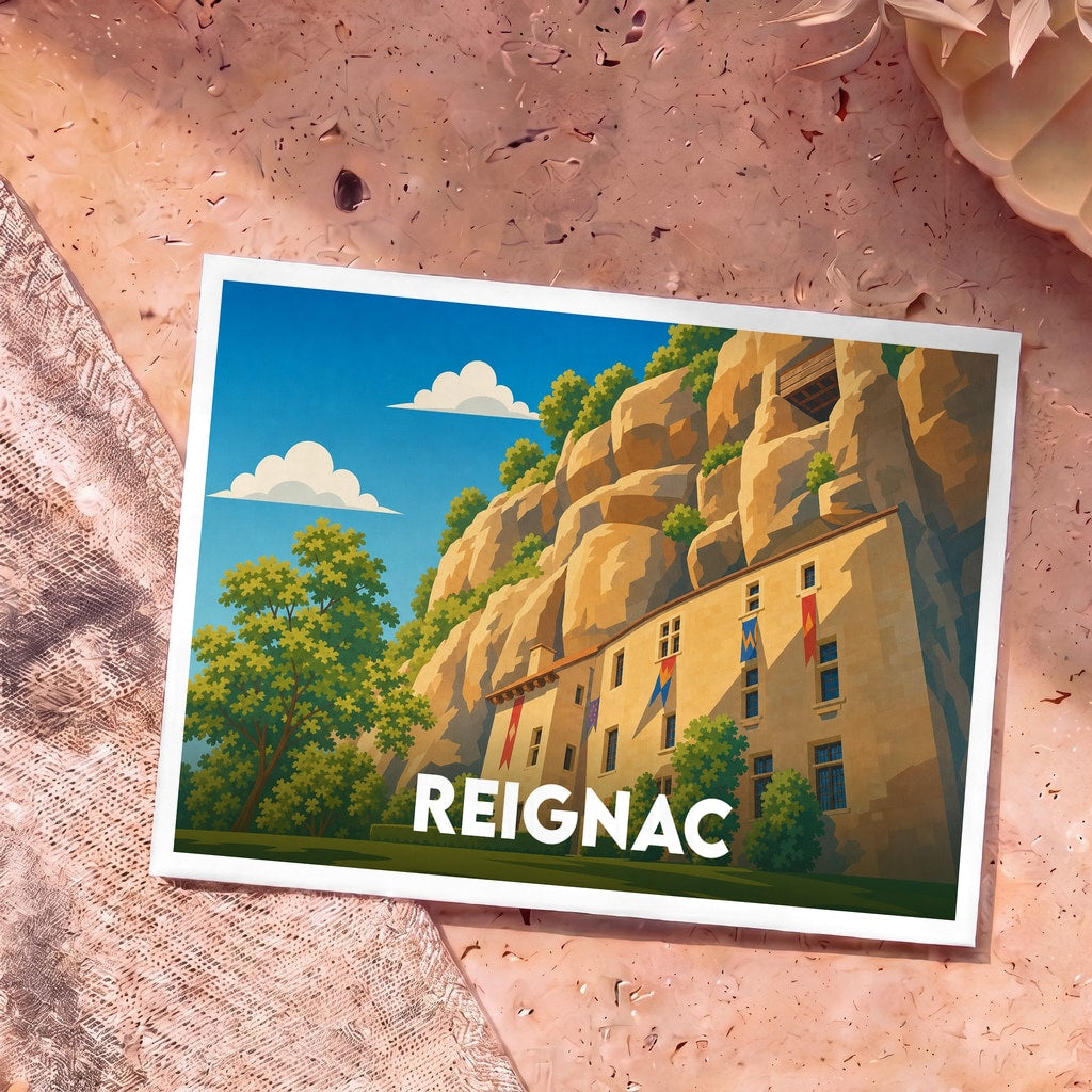 Carte postale souvenir de Reignac avec une illustration stylisée de son château troglodytique à flanc de falaise.
