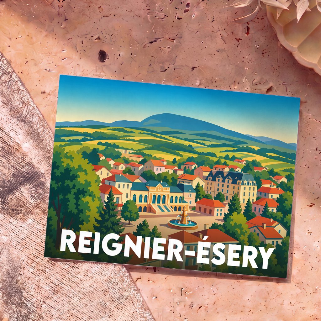 Carte postale souvenir de la ville de Reignier-Ésery avec une illustration colorée et stylisée du village.