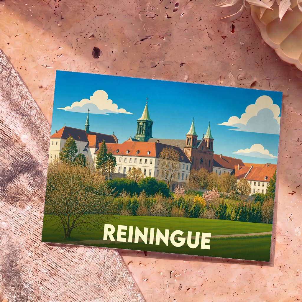Carte postale souvenir de la ville de Reiningue avec une illustration stylisée de son abbaye.
